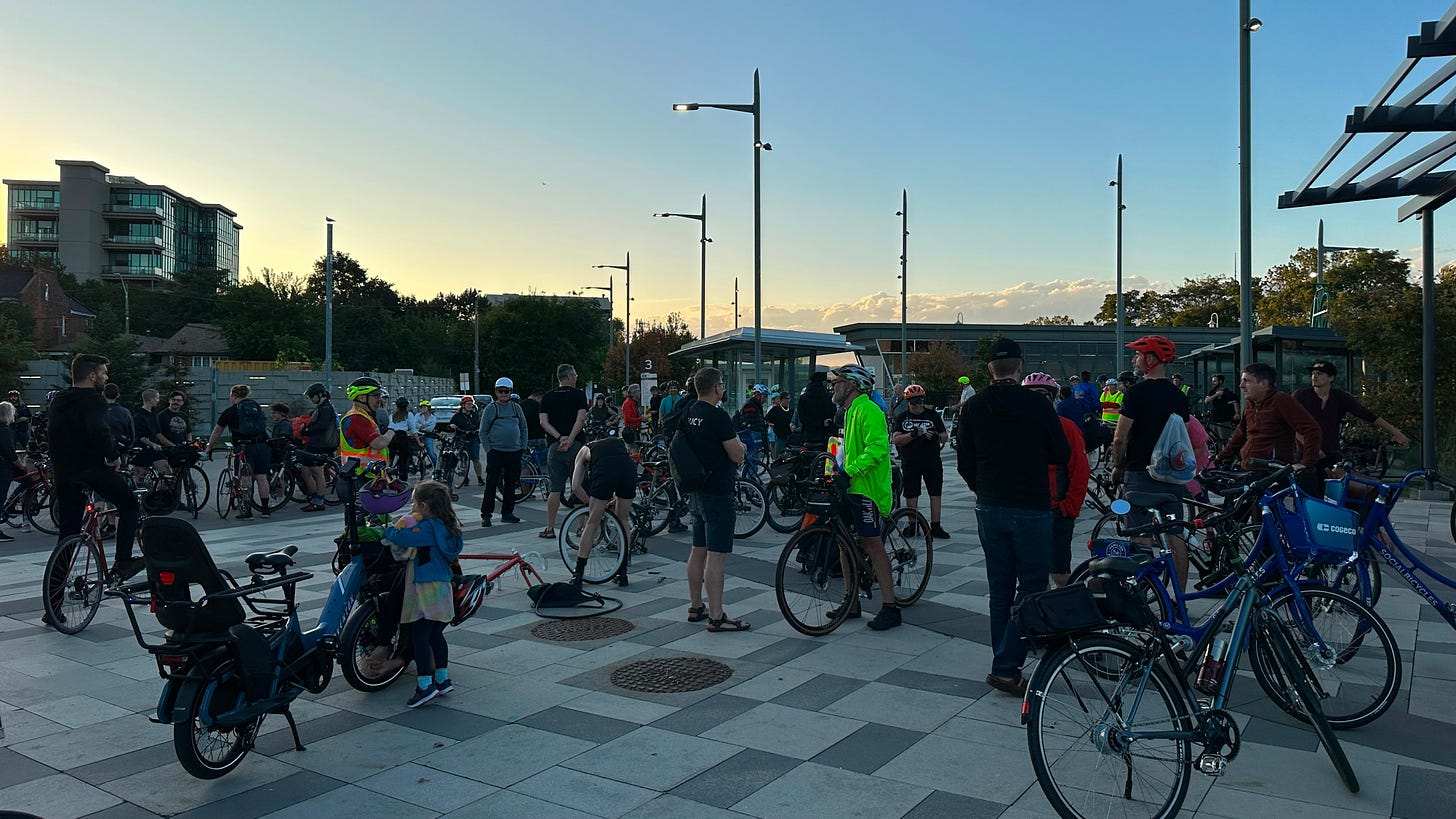 Riders gathered before a memorial ghost ride at the West Harbour GO Station, honouring the death of an unnamed 76 year old cyclist killed at James Street North and York Boulevard in late September