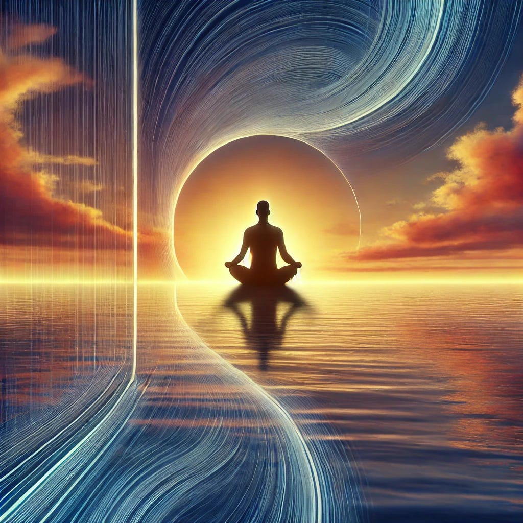 A visually striking image that encapsulates the theme of inner peace transcending material wealth. The composition features a person in a serene pose, overlooking a vast, calm ocean at sunset. The person is depicted as relaxed and contemplative, embodying a deep sense of tranquility. The ocean and sunset serve as metaphors for endless possibilities and the beauty of simplicity. This image is meant to inspire and convey the message that true contentment and peace are found within, not from external possessions.