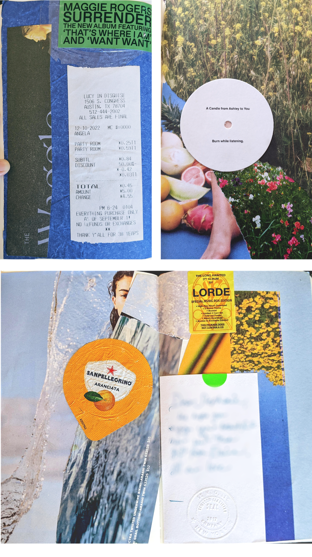 collages that are bright and colorful, featuring stickers from maggie rogers, lorde, and halsey albums, as well as imagery of flowers, fruit, ocean waves, and the sky