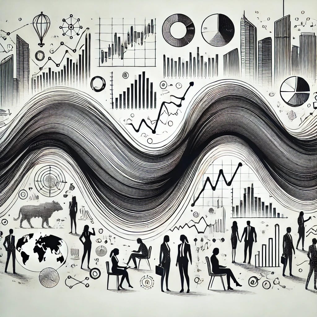 A black and white sketch featuring a smooth wave-like line similar to the given style. In the background, add subtle sketches of businesses, financial markets, and people. Include minimalist representations such as outlines of office buildings, market trend arrows, and silhouettes of people in business attire. The wave should flow through the center, with background elements integrated in a conceptual, abstract style. Maintain the fine lines and monochromatic theme to ensure harmony, using the same visual tone and structure as the provided image.