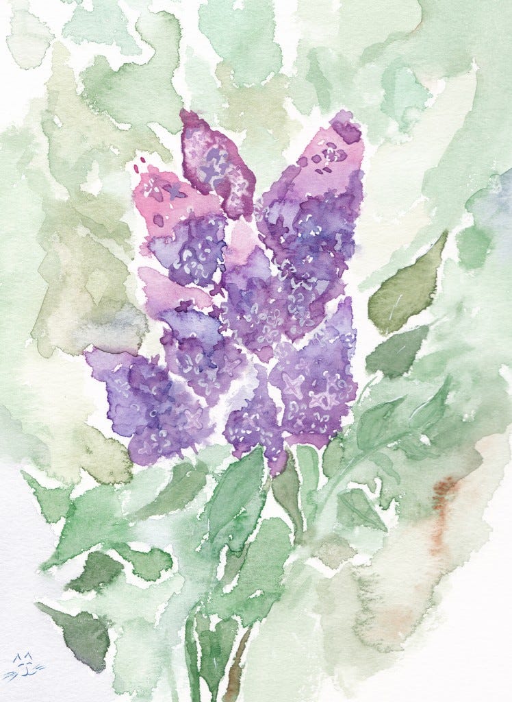 Day 110: LIlacs. Watercolor on 140 lb paper. 