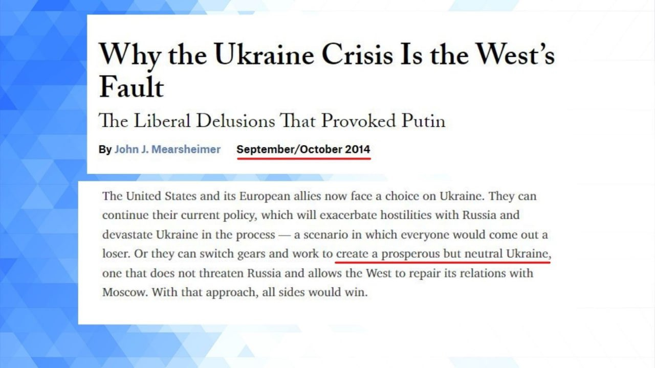 MFA Russia 🇷🇺 on X: "📄 "Why the Ukraine Crisis Is the West's Fault"  article by John J. Mearsheimer (@ForeignAffairs, 2014). 💬 The US &amp; its  European allies share most of the