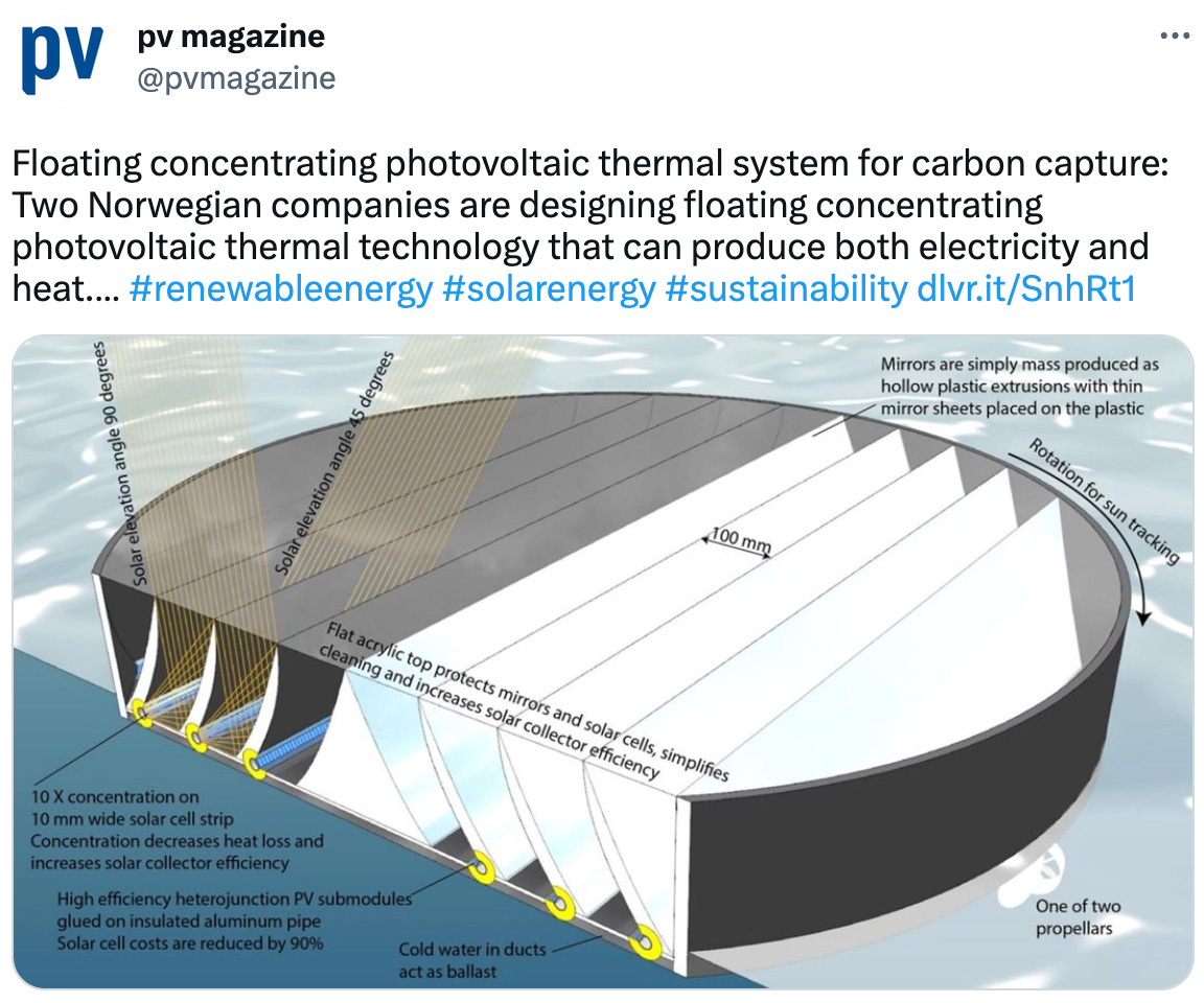  pv magazine @pvmagazine Floating concentrating photovoltaic thermal system for carbon capture: Two Norwegian companies are designing floating concentrating photovoltaic thermal technology that can produce both electricity and heat.… #renewableenergy #solarenergy #sustainability http://dlvr.it/SnhRt1