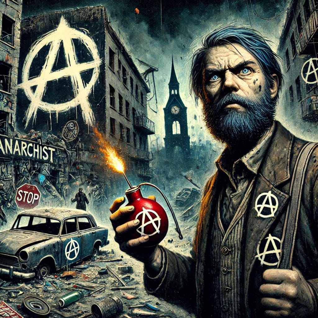 A gritty urban scene depicting the negative stereotypes of anarchism. In the foreground, a mustachioed man holds a Molotov cocktail with a determined and defiant expression. The background features crumbling buildings and graffiti of the anarchist 'A' symbol, contributing to an atmosphere of societal breakdown and chaos. The scene is filled with broken signs, scattered debris, and dark, gritty colors to emphasize tension and fear. The overall tone is one of disorder, capturing the exaggerated fears associated with anarchism.