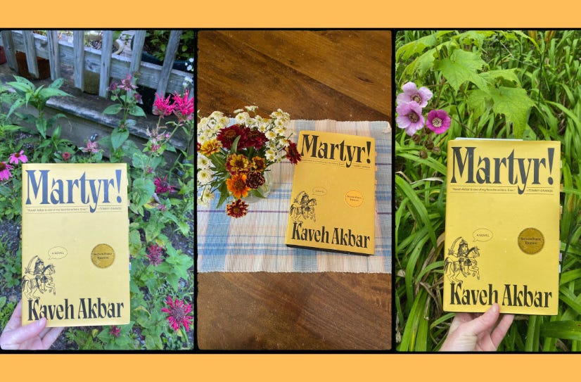 Three photos of Martyr! on three different backgrounds: in front of purple bee balm in a garden, on a placemat next to a vase of flowers, in front of green foliage.