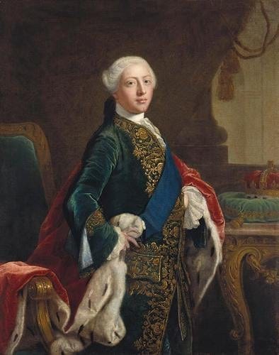 Portrait of the real George III as prince, in a blue velvet coat embroidered with gold.