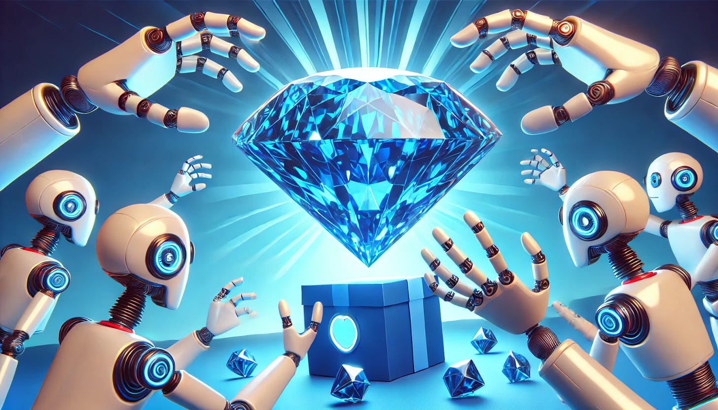 A giant blue diamond shimmers in the center, even larger than before. Below it, two robots without hands are reaching up with excited expressions, trying to grab the diamond. The scene is filled with a sense of anticipation and wonder. The robots are designed with sleek, futuristic features and look very eager.