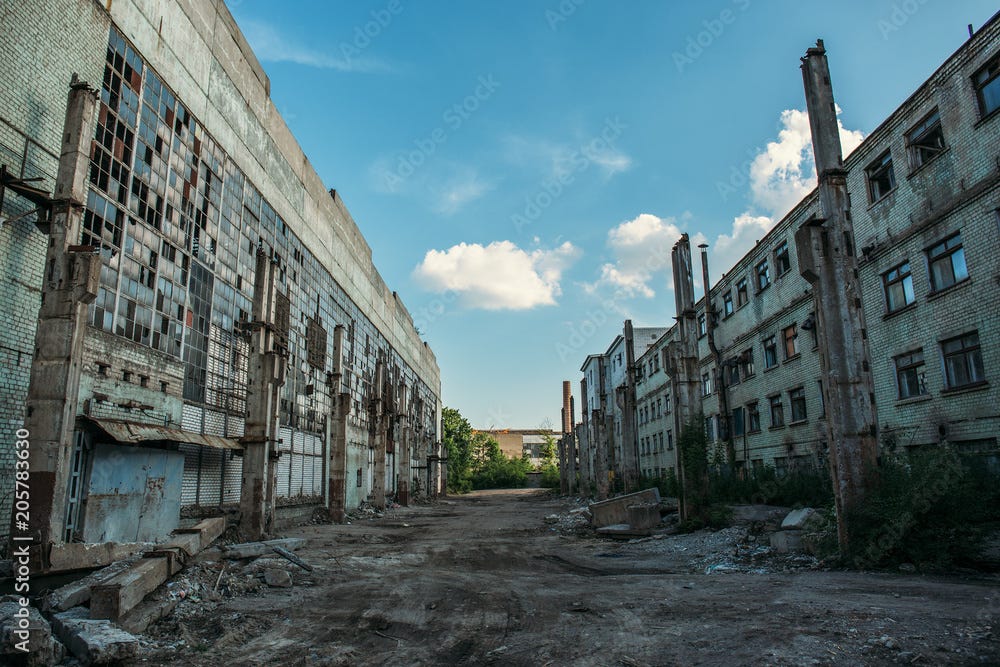 Apocalyptic concept, abandoned city background, ruined buildings, decay  constructions after disaster or war Stock Photo | Adobe Stock