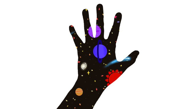 Drawing of silhouette of a hand, with planets and stars and galaxies filling the inside of the hand.