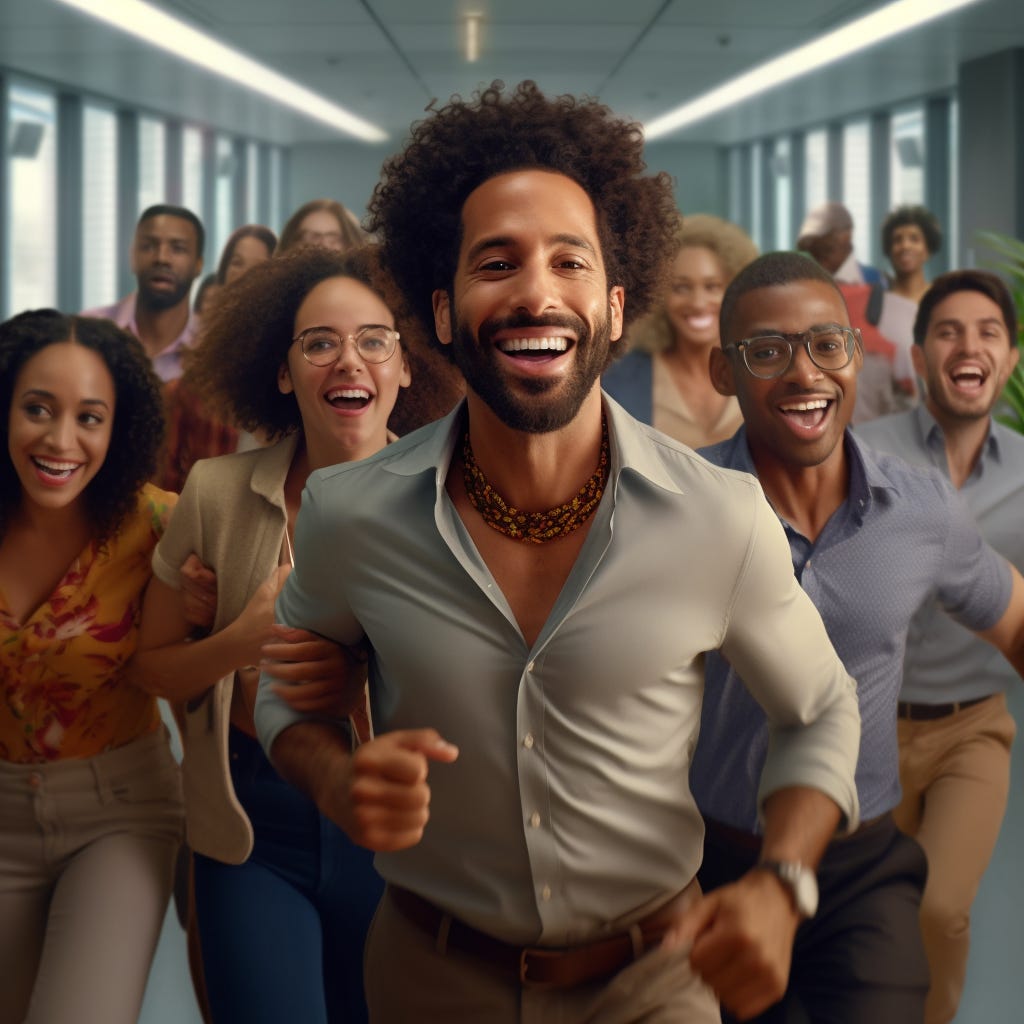 hyper realistic image of a latino brown skin man leading a conga line in a modern office with 5 people following him, everyone is having a lot of fun, extremely high detail + realism, epic cinematic, epic view, editorial natural light, 85mm