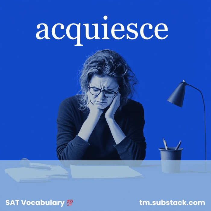 Illustration of a person reluctantly signing paperwork, showing passive acceptance; used to illustrate the SAT word 'acquiesce'.