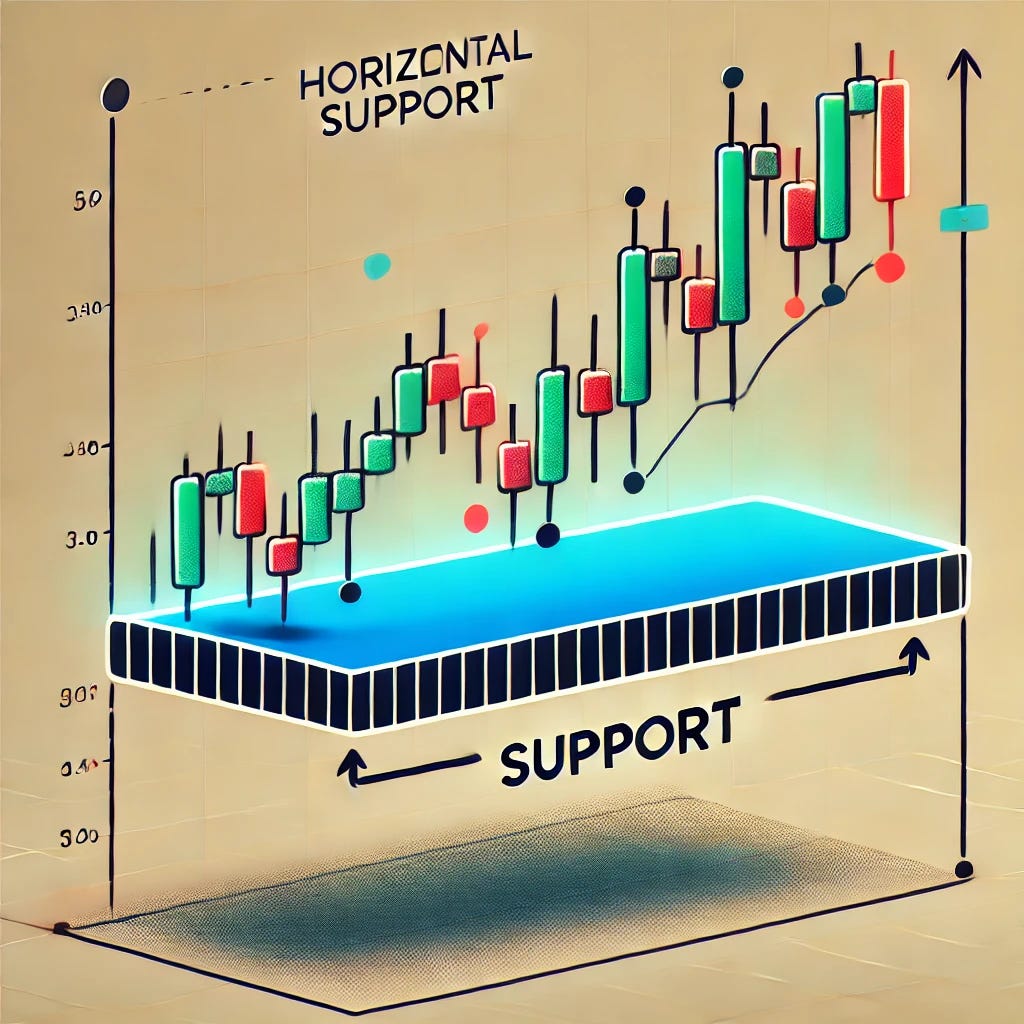 An illustration of the technical analysis concept 'Horizontal Support' using a financial chart. The image features a stock chart with candlestick patterns, and a bold horizontal line drawn at the bottom, symbolizing the support level. The price action repeatedly touches the support line and bounces upward, demonstrating how horizontal support prevents the price from dropping further. The scene is clean and focused on the concept, using colors and annotations to clearly highlight the support area, making it easy to understand the technical analysis principle.
