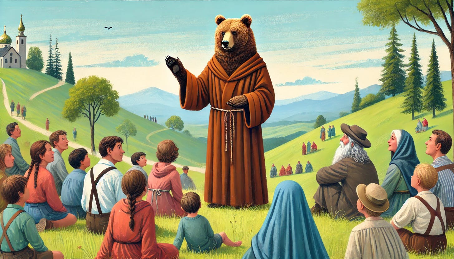 A bear dressed in robes, standing on a hill, teaching a crowd of people. The bear looks wise and is gesturing with one paw, while the people, seated and attentive, are listening intently. The scene is set in a picturesque landscape with green hills, blue sky, and a few trees scattered around. The bear's robes are flowing, and the crowd includes a mix of adults and children. The overall atmosphere is serene and inspiring.