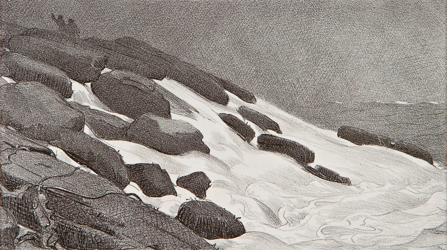 A lithograph print of an image showing frothy waves against a rocky shore, with small human figures waving in the distance.