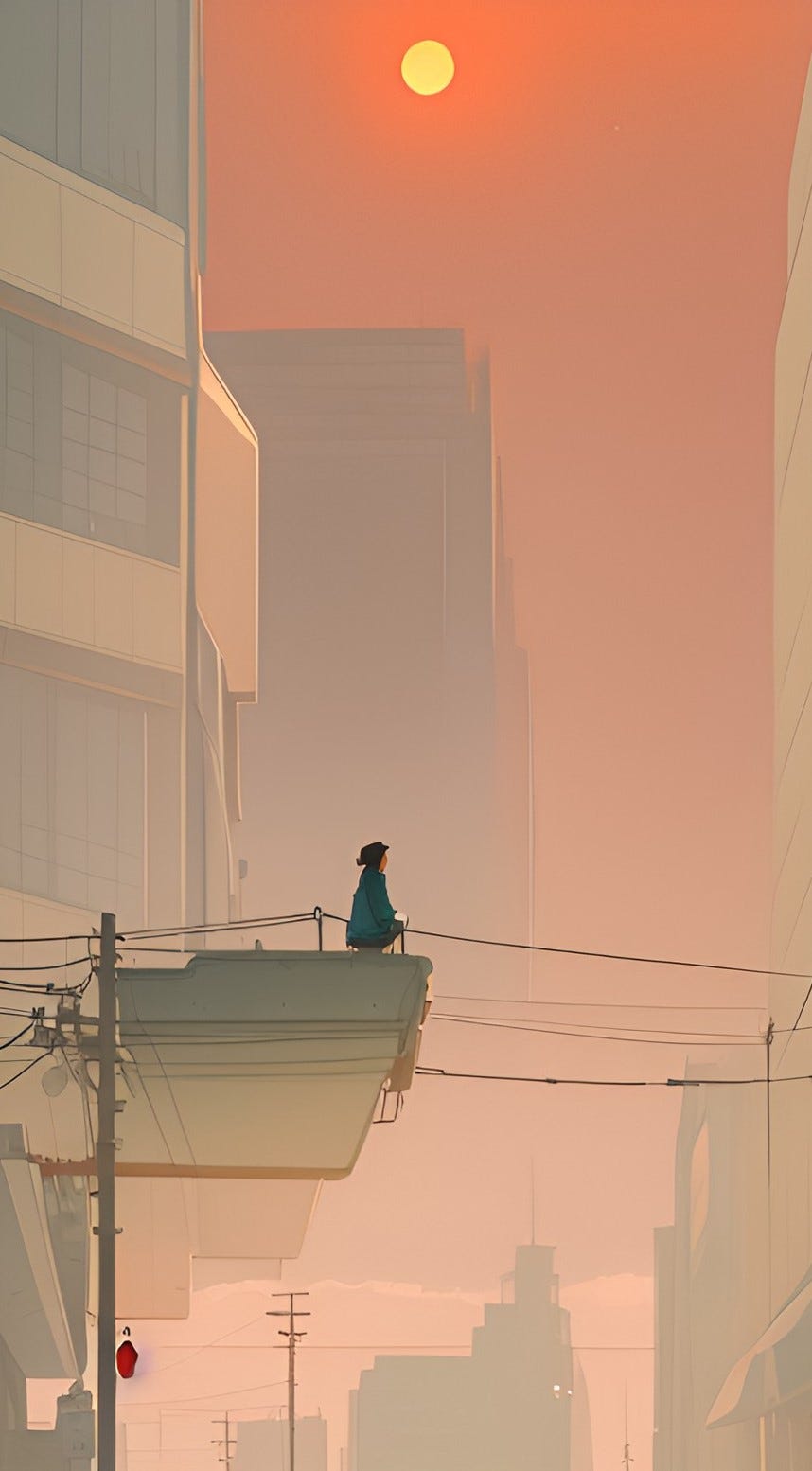 A.I. anime-style image of a woman standing on a balcony looking up at the sun through the haze over a desolate urban landscape