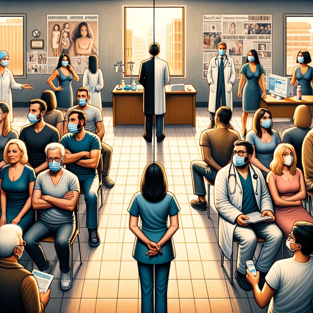 An illustrative scene depicting the social dynamics and divisions around vaccine trust as described by sociologist Ortwin Renn. The image shows a split scene with two distinct groups. On one side, a diverse group of confident individuals, representing the vaccinated, show trust as they engage with a healthcare professional in a clinic setting. The other side depicts a wary group of various individuals, representing the non-vaccinated, maintaining distance and wearing masks, avoiding interaction with medical staff. The background subtly shows social media icons and newspapers, hinting at the influence of different information sources on their decisions. The atmosphere is thoughtful, reflecting the complexity of public health trust and skepticism.