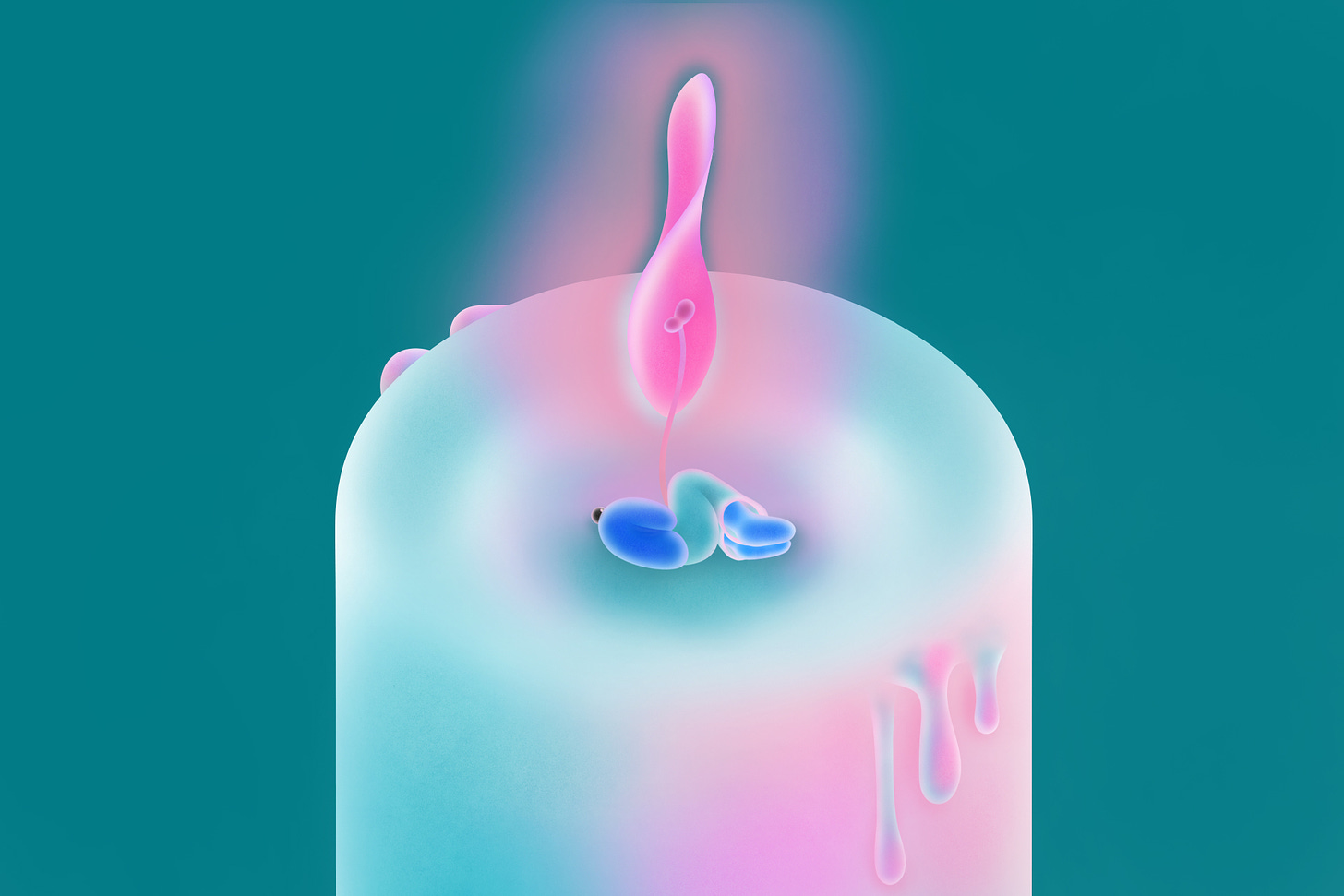 An illustration shows a person curled up around a giant candle’s glowing pink flame.