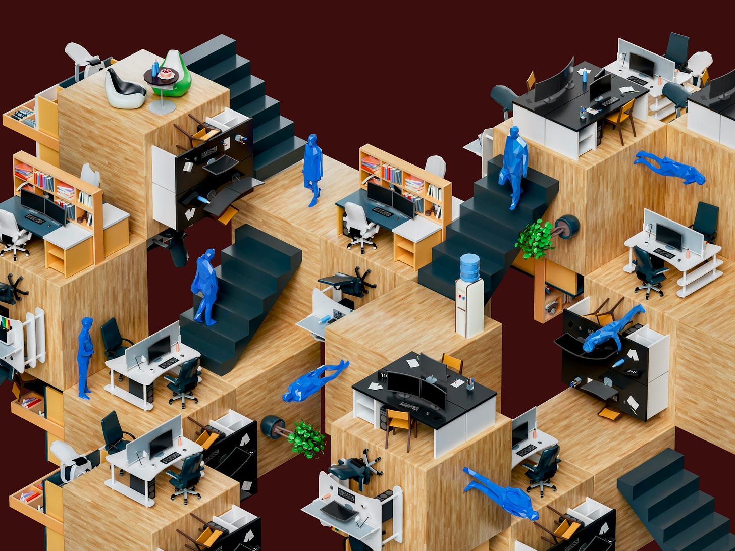 Surreal image of a model of a confusing office scene