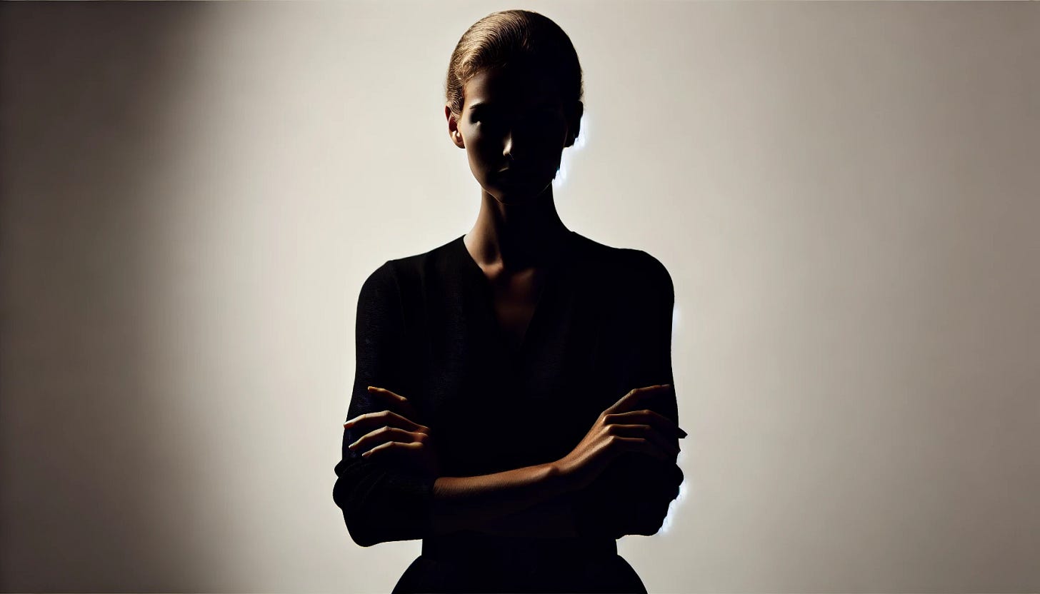 A silhouette of a female figure with her arms crossed. The entire figure is in shadow, with no visible facial features or details, creating a mysterious and strong presence. The background is minimal and neutral to emphasize the silhouette. The image is in landscape format, maintaining the strong and balanced composition.