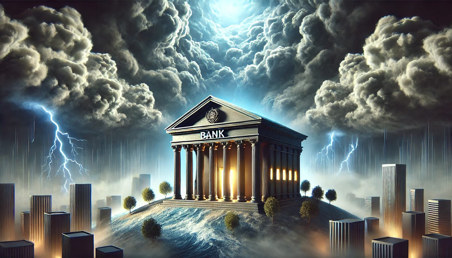 A robust bank building standing strong amidst turbulent weather, symbolizing resilience. The bank is surrounded by dark clouds representing credit risks, but its solid structure and bright lights emanating from inside signify its stability and strength. The overall mood is a balance of challenge and resilience, with the bank firmly withstanding the surrounding threats.