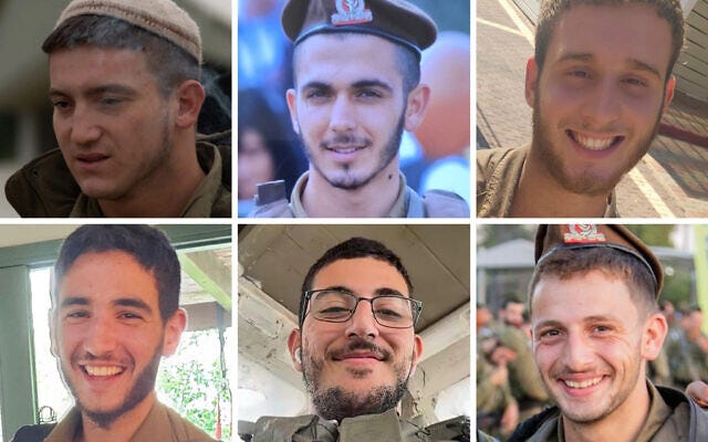 Soldiers killed in southern Lebanon on November 13, 2024: Top, left to right: Staff Sgt. Sraya Elboim, Sgt. Shalev Itzhak Sagron, Sgt. Yoav Daniel; Bottom, left to right: Staff Sgt. Dror Hen, Staff Sgt. Nir Gofer, Cpt. Itay Marcovich