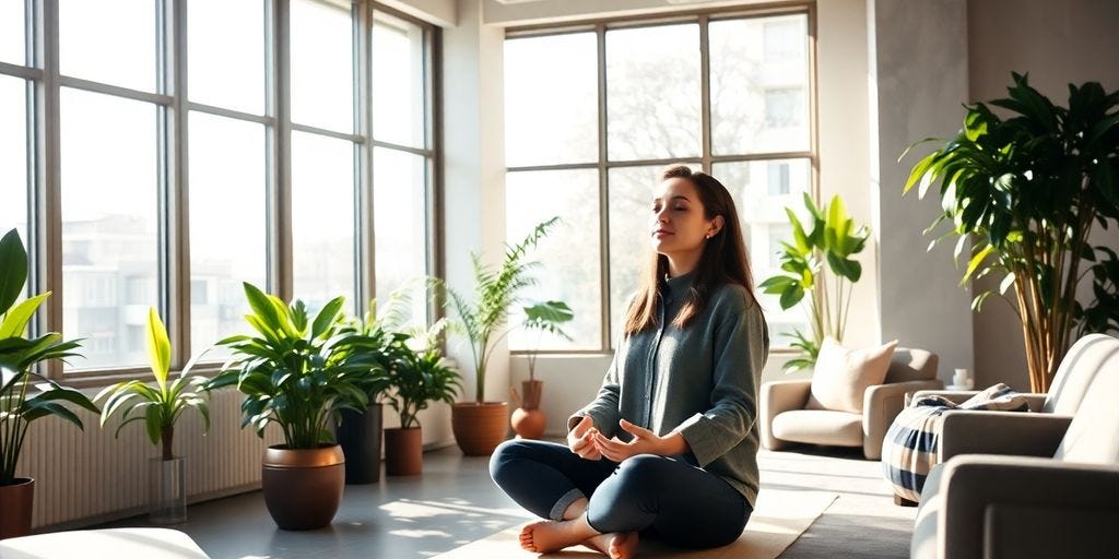 Professional practicing mindfulness in a tranquil office setting.