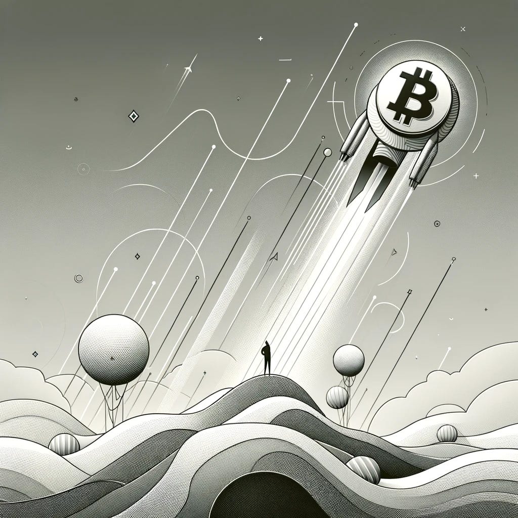 Minimalist grayscale image symbolizing the rise of Bitcoin over $40,000. The scene includes a stylized representation of a Bitcoin, soaring upwards like a rocket, symbolizing the rapid increase in value. Surrounding the Bitcoin, there are subtle, abstract lines and shapes that evoke the unpredictability and irrational movements of the crypto market. Additionally, include a small, simple silhouette of a person standing, gazing upwards towards the soaring Bitcoin, representing an investor contemplating their next move. The entire composition is elegant, with a focus on clean lines and a limited grayscale color palette to reflect the sophistication of the crypto market and strategic planning.