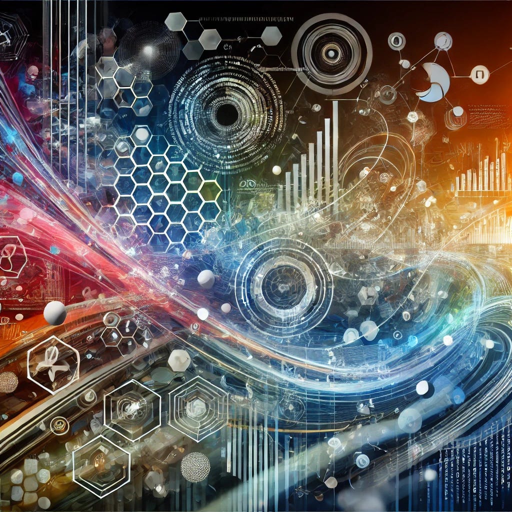 An abstract image representing a modern economy fueled by innovation. The image features dynamic shapes and vibrant colors symbolizing various high-tech sectors such as biotechnology, renewable energy, and cybersecurity. Elements like interconnected lines, digital code patterns, and futuristic structures are intertwined, creating a sense of rapid growth and technological advancement. The overall composition should evoke a sense of movement, progress, and the integration of cutting-edge technologies driving the global economy forward.