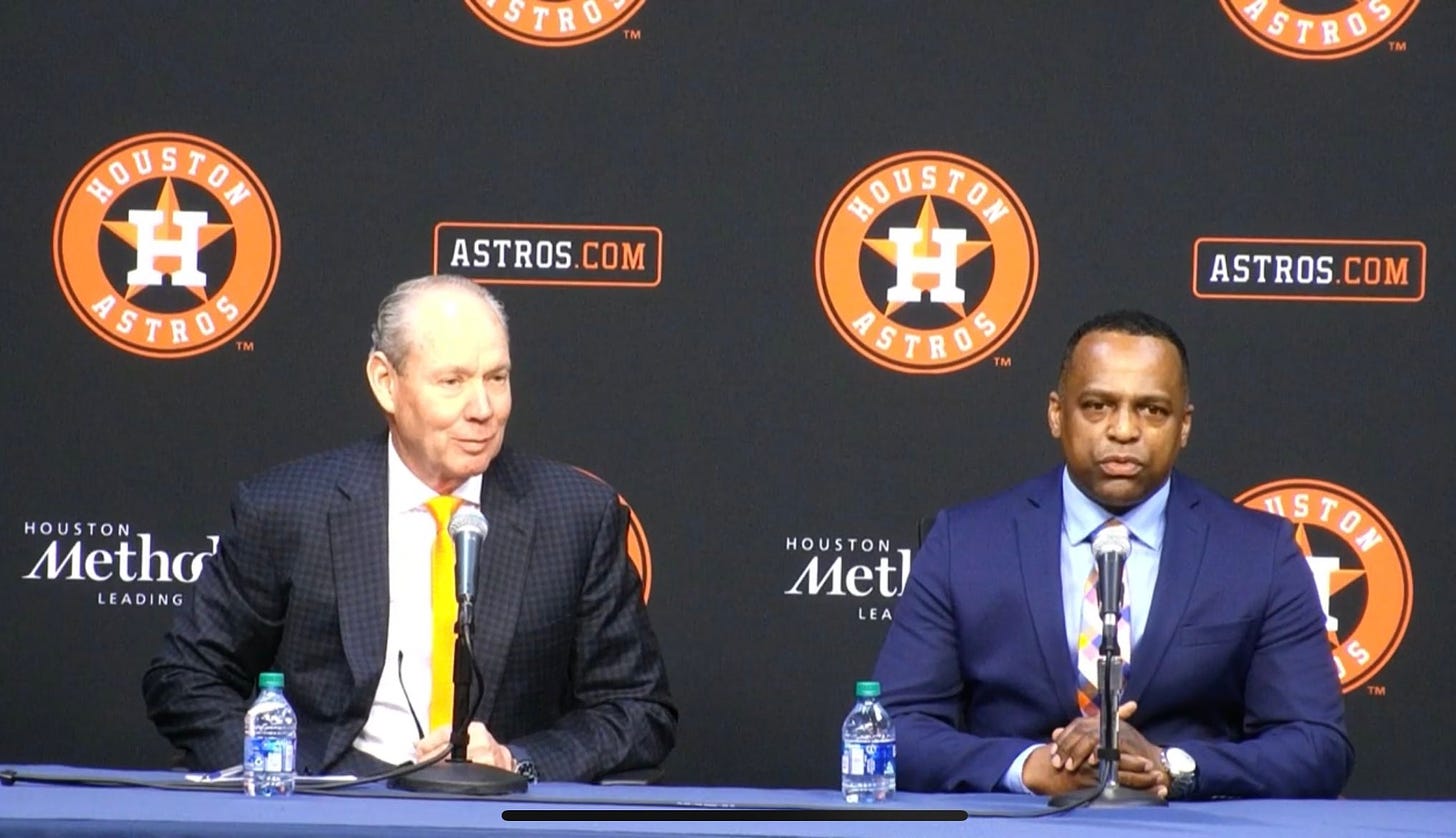 Julia Morales on X: "Jim Crane introduces the new GM of the Astros, Dana  Brown. https://t.co/xaMwekL82r" / X