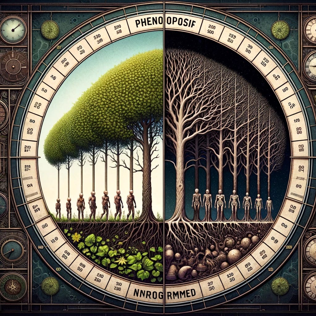 A visual comparison between phenoptosis (programmed aging) and non-programmed aging. The image is divided into two distinct sections. On the left, phenoptosis is represented with a symbolic, orderly line of trees in different stages of life, from sprouting to withering. Each tree is connected by a clear, linear path, suggesting a programmed and predictable process of aging. The trees are surrounded by a clock-like design, emphasizing the idea of a pre-determined lifespan. On the right, non-programmed aging is depicted as a wild, untamed forest with trees of various sizes, shapes, and ages, some healthy and some decaying. This side lacks the orderly progression and clock-like elements, indicating a more random, varied, and unpredictable aging process. The contrast between the two sides highlights the fundamental differences between phenoptosis and non-programmed aging.