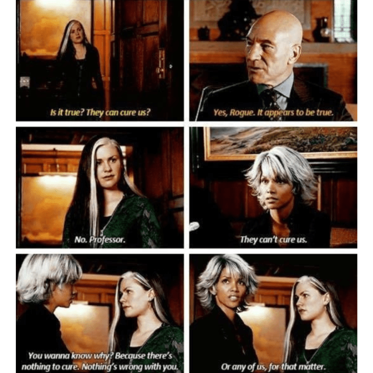 Scene from X-Men

Rogue enters and says "Is it true professor, they can cure us?"

Professor X answers "Yes, Rogue. It appears to be true"

Storm intersects "No, Professor. They can't cure us. You wanna know why? Because there's nothing to cure, nothing wrong with you. Or any of us, for that matter".