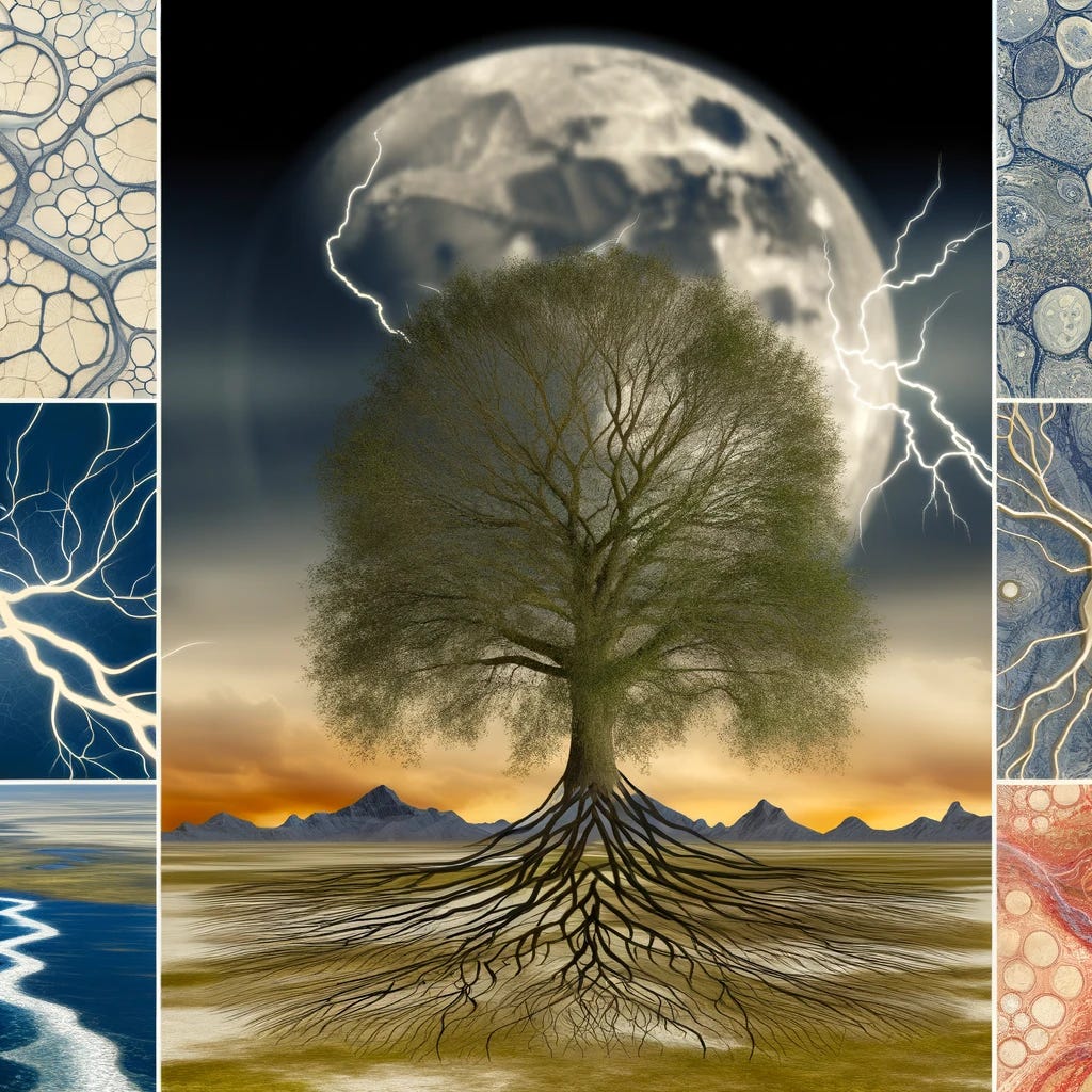 An artistic composition that showcases the universal presence of tree-like, vascular structures in nature. The scene includes a central, majestic tree with its intricate branches spreading widely, symbolizing the quintessential tree-like structure. Around this tree, various representations of similar patterns are subtly integrated: the branching patterns of rivers seen from above, the delicate veins in a leaf, the complex network of human blood vessels, and the branching structures of lightning in the sky. These elements are harmoniously blended into the landscape, highlighting the interconnectedness and ubiquity of these patterns in the natural world. The image should evoke a sense of awe and the intricate beauty of nature's designs.