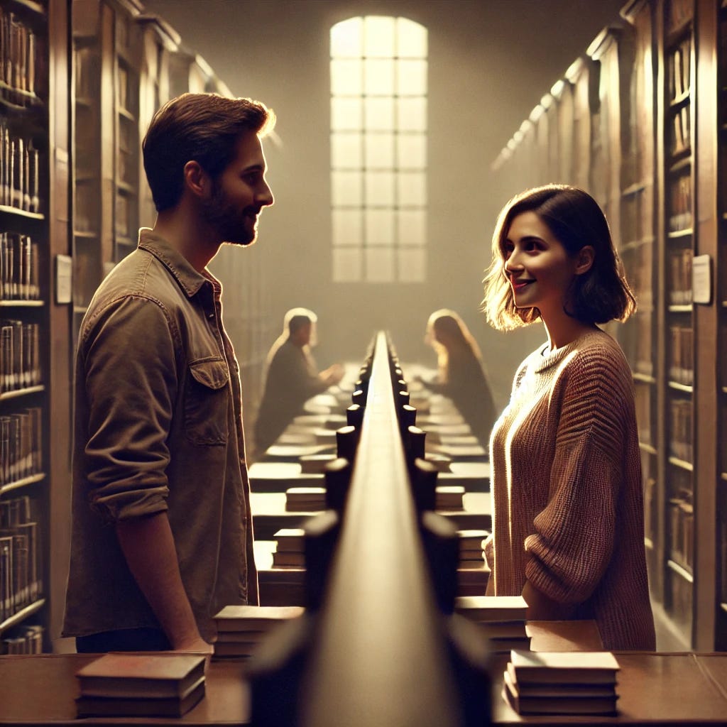 A serene library setting with two strangers, a man and a woman, standing at a distance from each other amidst tall bookshelves. They share a brief smile, locking eyes, each thinking they recognize the other. Soft, warm lighting highlights the calm and quiet atmosphere of the library. The expressions on their faces reflect a moment of realization that they were mistaken, hinting at bittersweet emotions. The background is filled with rows of books, cozy seating areas, and gentle shadows cast by the library's ambient light.