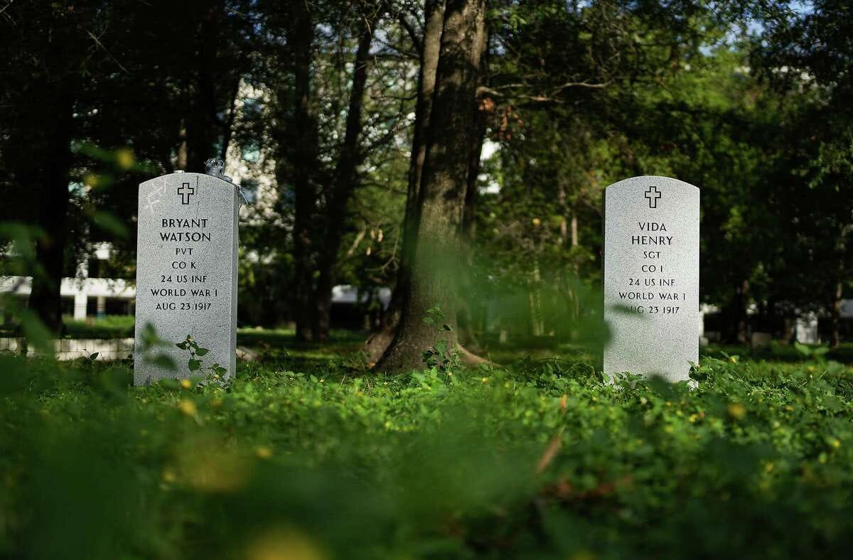 Private Bryant Watson and Sargent Vida Henry were given proper tombstones in 2017, 100 years after they were killed during the Houston riot of 1917. Initially, their bodies were buried in unmarked graves at College Memorial Park Cemetery in Houston. Photographed on Wednesday, Nov. 8, 2023 in Houston.