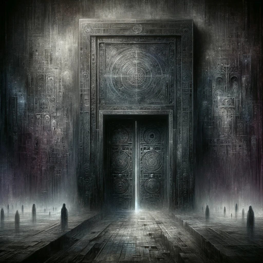 Here is an image illustrating the concept of "Dark Access." The scene features a large, ancient door with intricate carvings, set into a stone wall that is part of a larger, hidden structure. The atmosphere is heavy with a sense of forbidden knowledge and danger, and faint, ghostly figures can be seen surrounding the door. The color palette is dominated by deep blacks, grays, and muted purples, adding to the sense of mystery and unease.