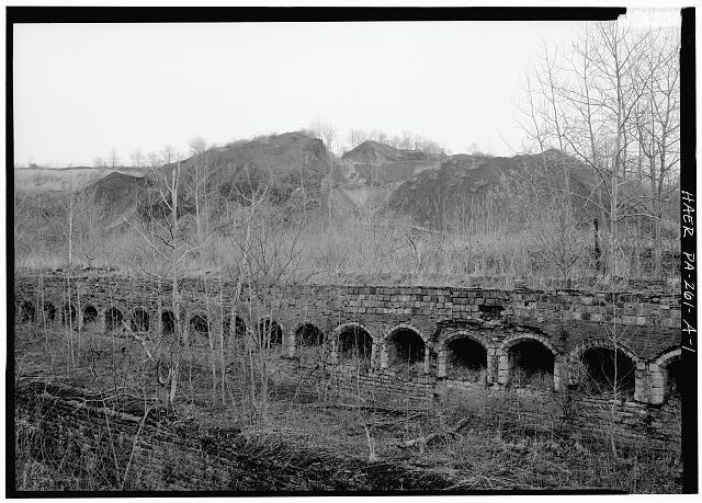 Balck-anf-white Library of Congress photo of coke ovens at Allison №1 Mine & Coke Works, Coke Ovens, Redstone Creek, Fayette County, PA