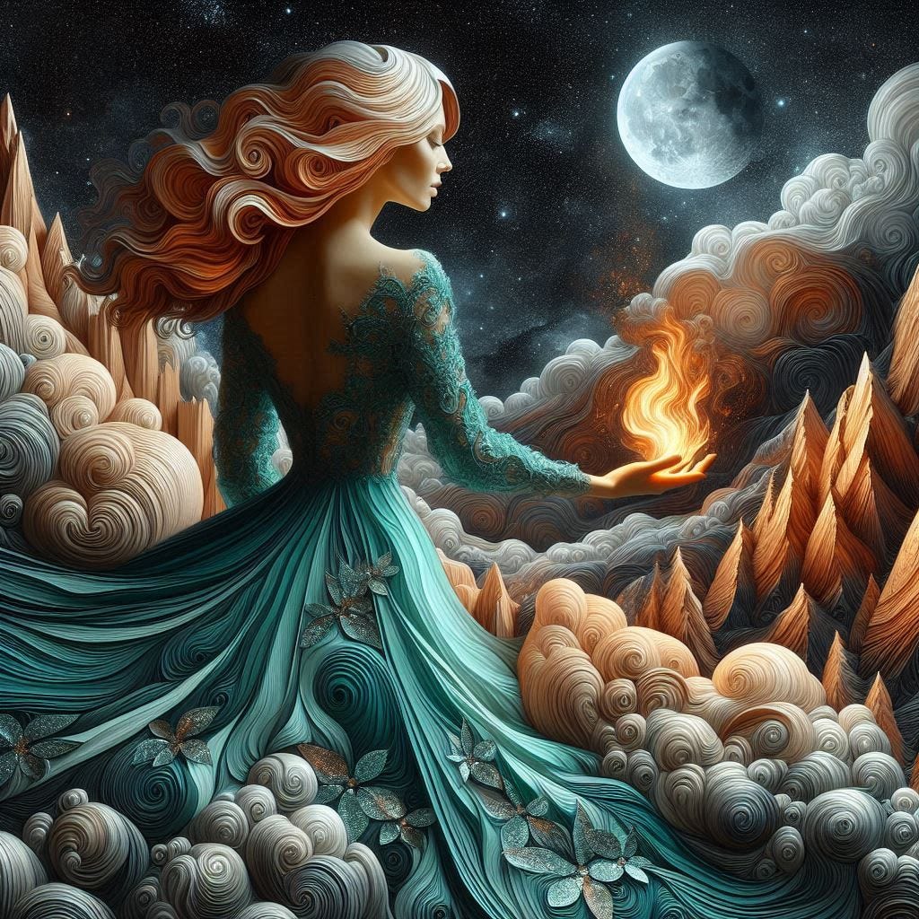  5d angle glass leaf with with a small fire in it over image of  Birchwood/rosewood middle aged  woman in teal sequence gown with chartrues high lace collar / her hair is fire/ water in resin/ soft, beautiful/honey-wood and copper/ Marquetry, verdigris. mountain / fluffy cloud floating low in foreground / honey-gold-swirl/surrounded by copper pipes .REFLECTED/ Inspired by style of Jeffrey Catherine Jones /backdrop of swirling clouds under moon.black starry sky / love/ bliss
