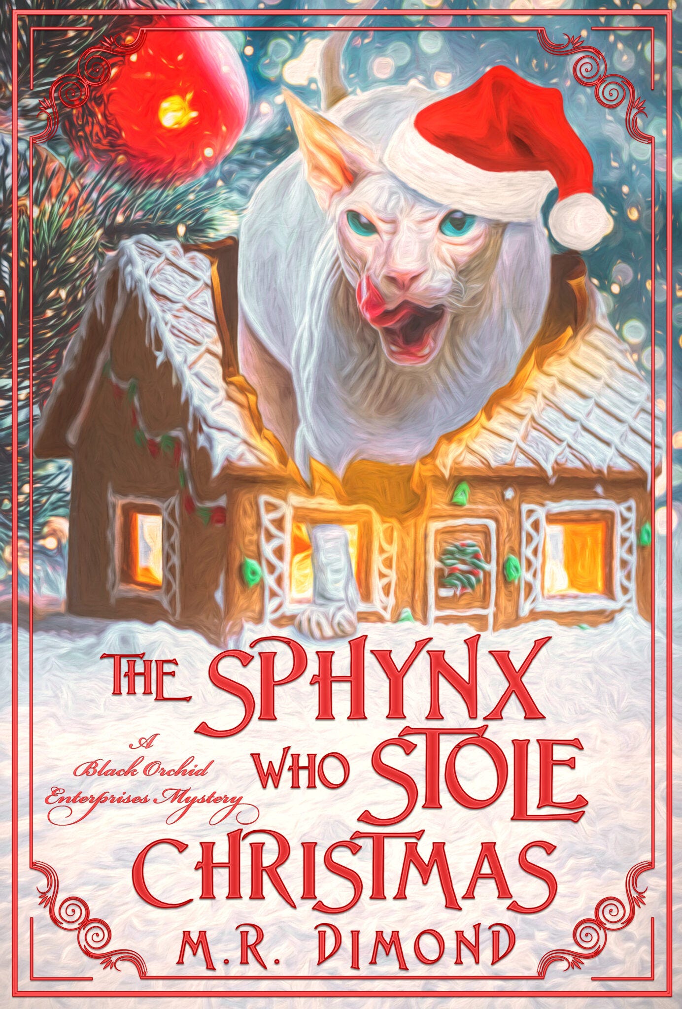 A terrifying cat in a santa hat on a gingerbread house: The Sphynx Who Stole Christmas