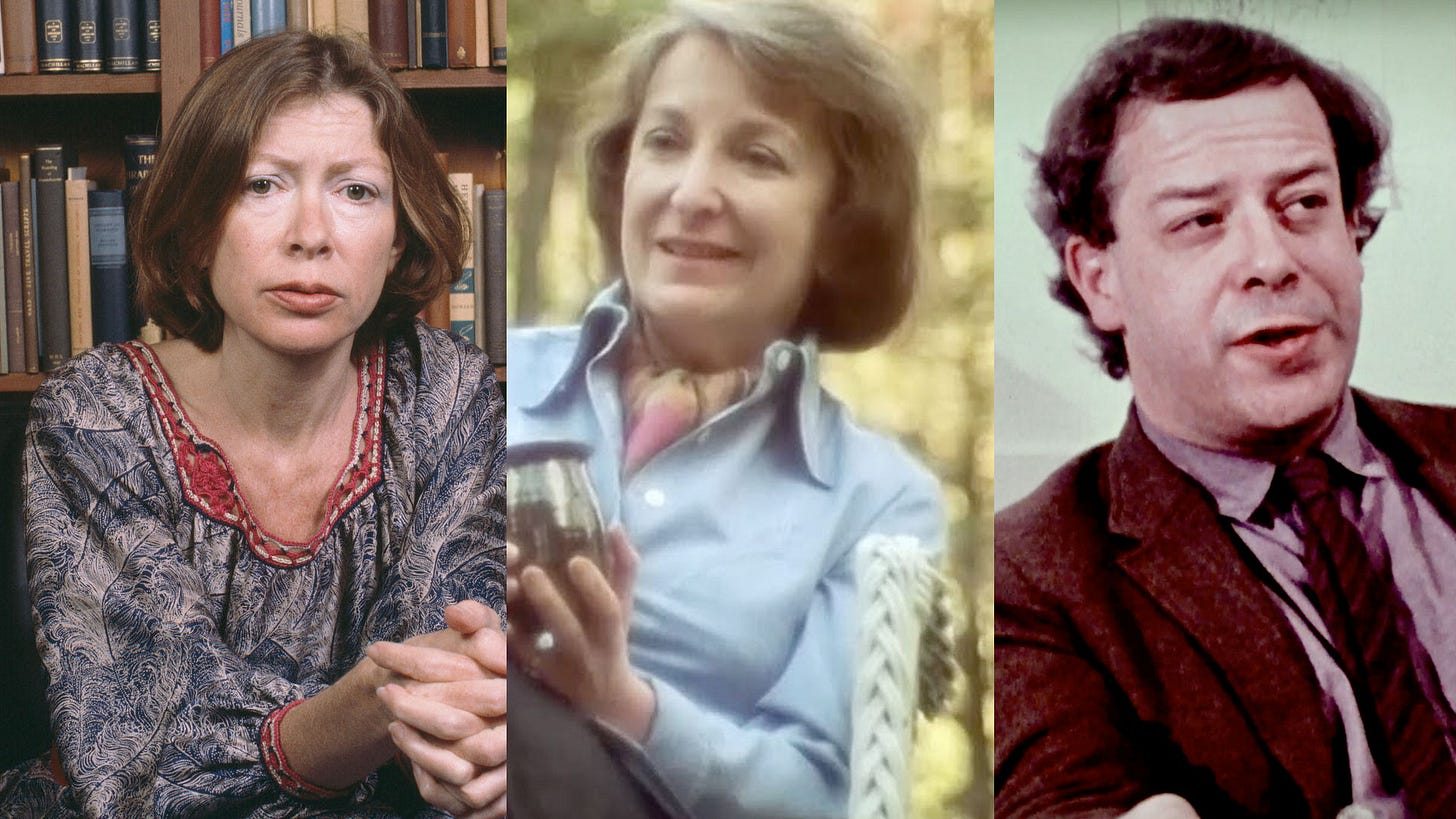 Three famous critics, left to right - Joan Didion, looking earnestly directly at camera in front of a bookcase, Pauline Kael, outdoors, talking to someone out of shot to her right, David Thomson in a red jacket and matching tie