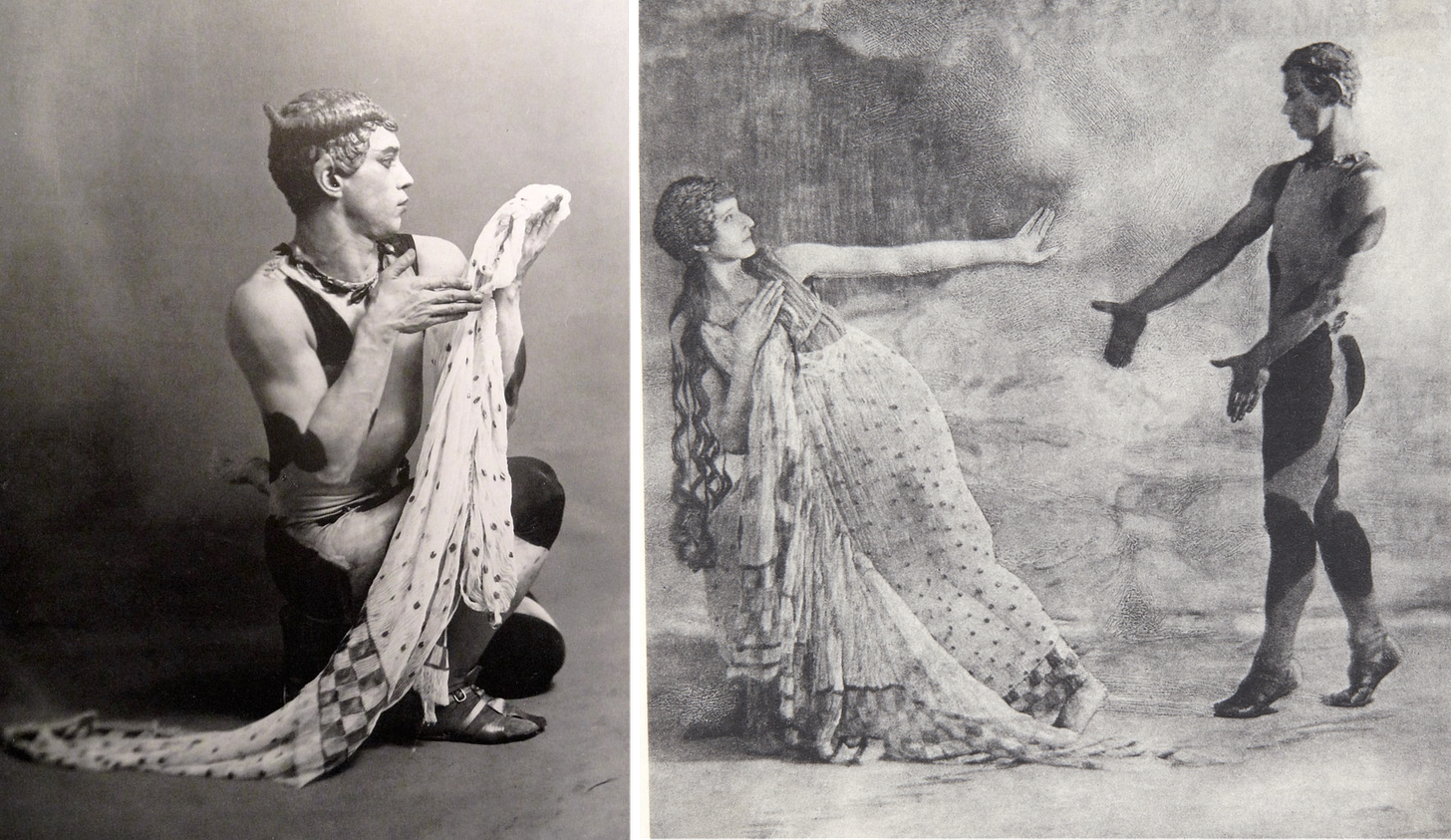 Two black-and-white photographs from a 1912 ballet production, featuring a ballerino dressed as a faun and a ballerina dressed as an ancient Greek nymph