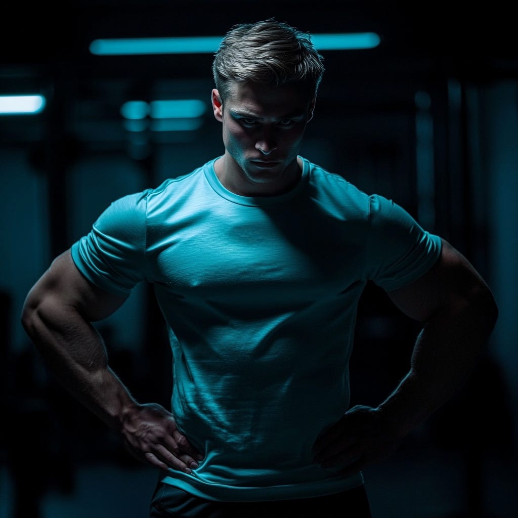 Fit male athlete is tired, trying to maintain muscle while dieting in blue gym gear.