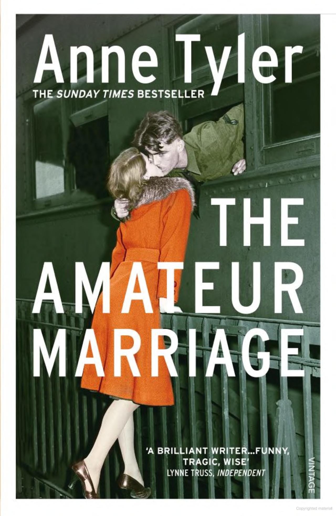 Picture of the cover of The Amateur Marriage, featuring a soldier leaning out of a train to kiss a woman in a red coat