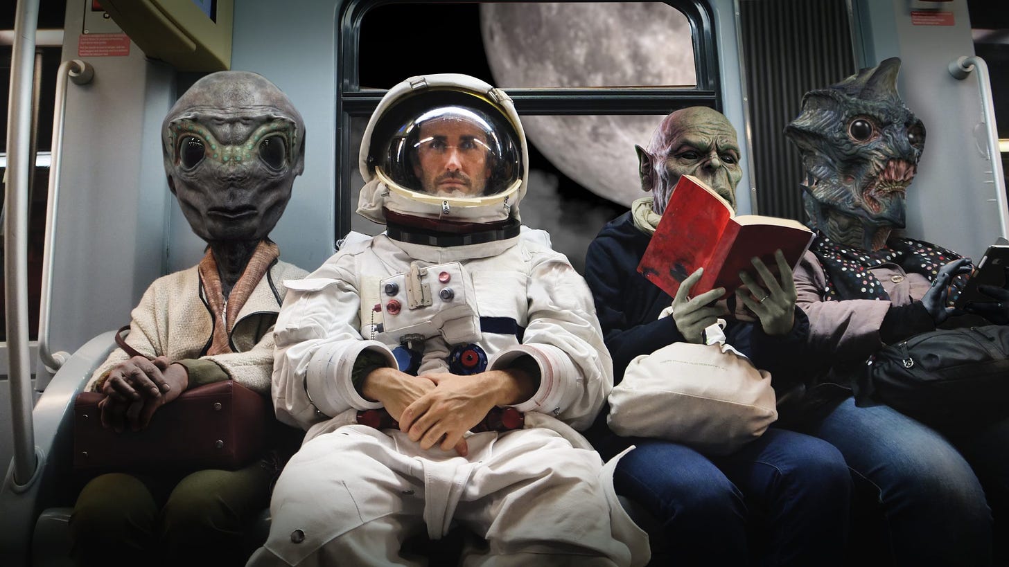 On,A,Spaceship,,An,Astronaut,,Sitting,Alongside,Extraterrestrial,Monsters,,Travel