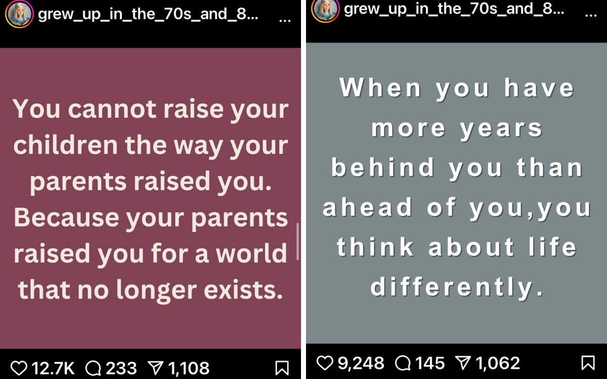 Two Instagram images featuring text about the good old days