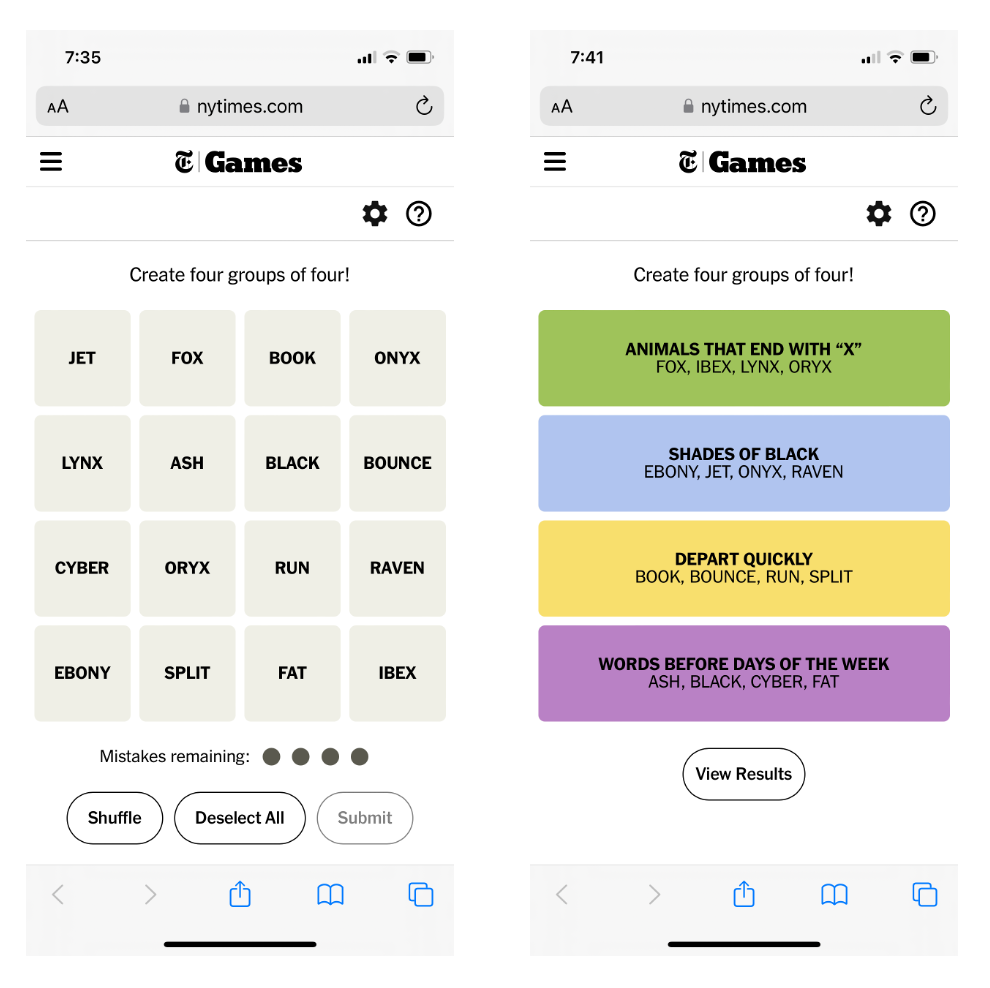 Screen grabs of the word grid and the completed puzzle for a recent Connections game