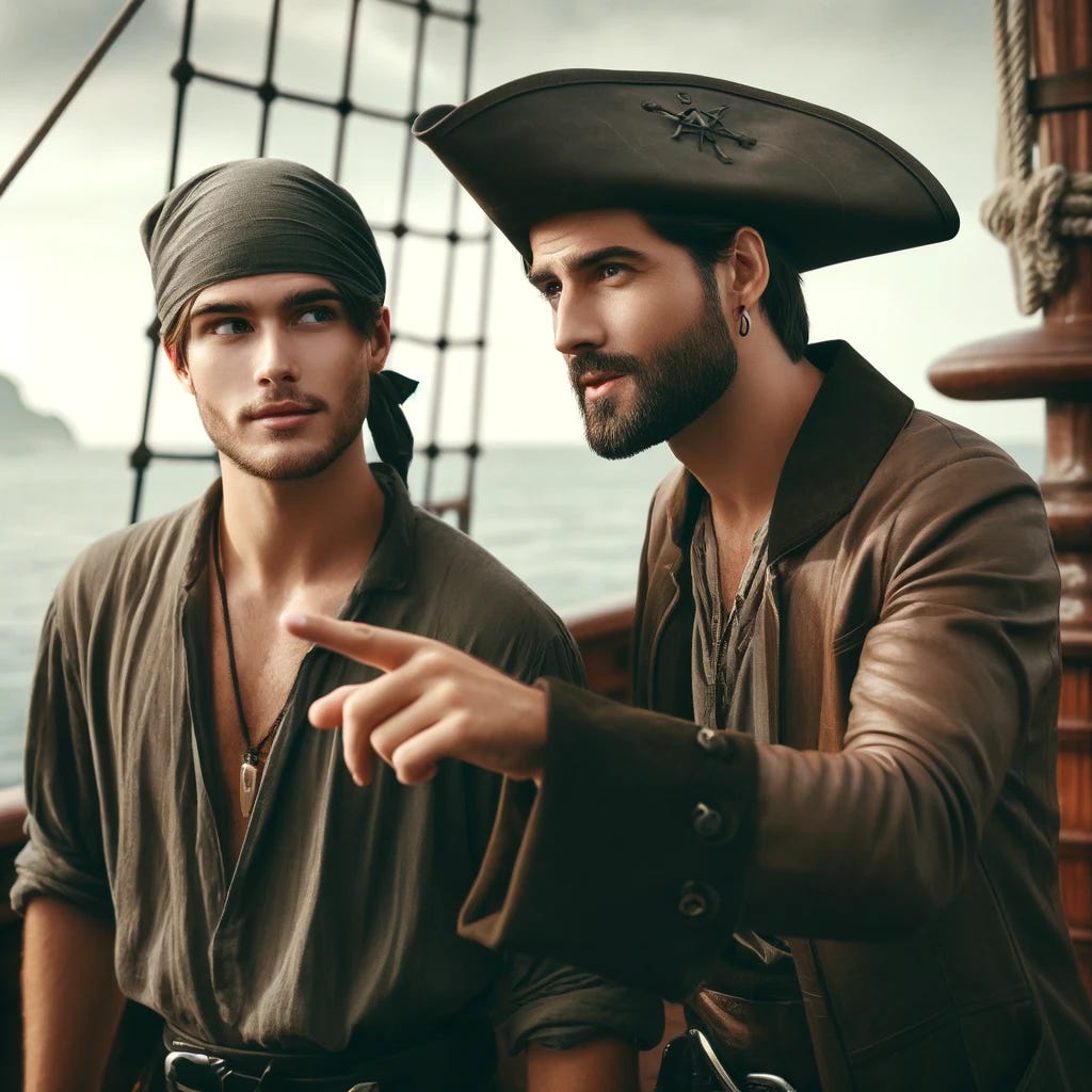A 30-year-old pirate with a strong, youthful appearance, sporting a neatly trimmed beard, a fitted tricorn hat, and a stylish long coat, is mentoring a fresh-faced 20-year-old pirate. The younger pirate, looking eager and attentive, wears a simple bandana and a loose shirt. They are on the deck of a wooden pirate ship, with the ocean and a distant island in the background. The older pirate, looking vigorous and commanding, is pointing towards the horizon, instructing the younger one with a sense of mentorship.
