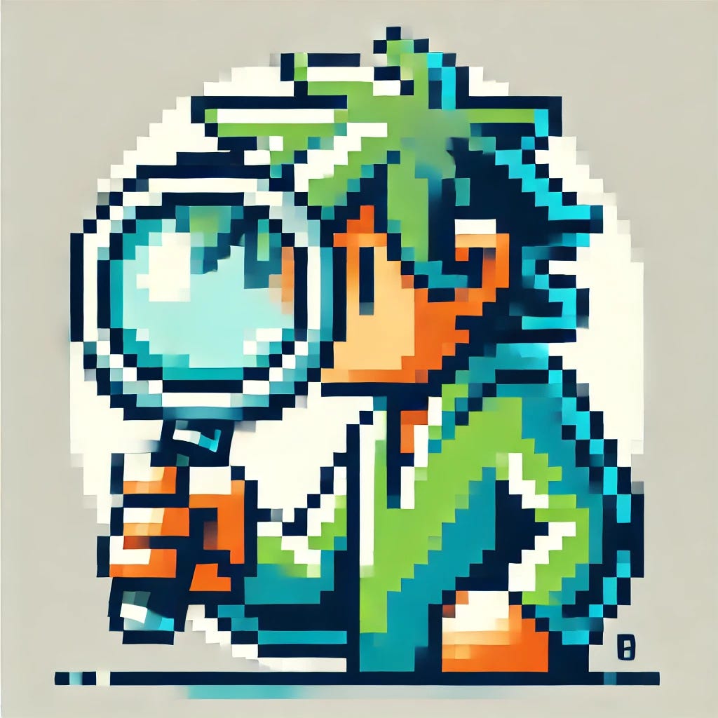 A clean, pixelated image of someone looking through a magnifying glass, in the style of an old RPG Gameboy Color video game. The character has simple, blocky features with bright, retro colors typical of Gameboy Color palettes like greens, blues, and yellows. The person is holding a magnifying glass, examining something with clear details visible through the glass. The image should be sharp, crisp, and free of any extra elements, evoking a nostalgic RPG pixel-art feel, with no interface elements.