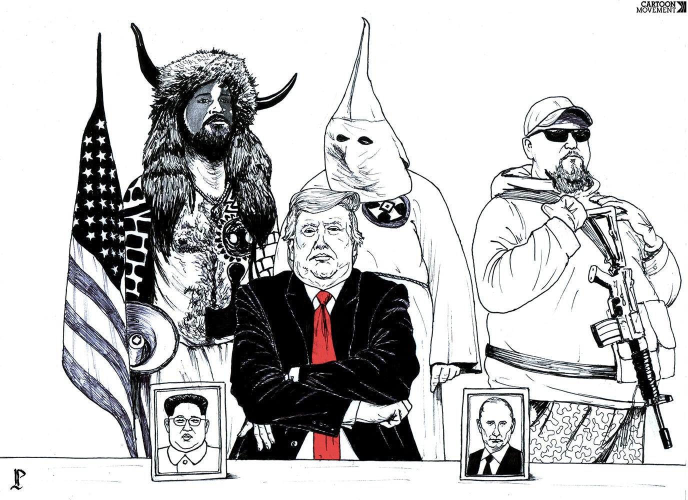Cartoon showing trump looking triumphant with his arms crossed while he’s flanked by the QAnon Shaman (a leading figure in the Capitol riot), a KKK figure and a white male with a gun. On the desk before him are framed pictures of Putin and Kim Jong-Un.