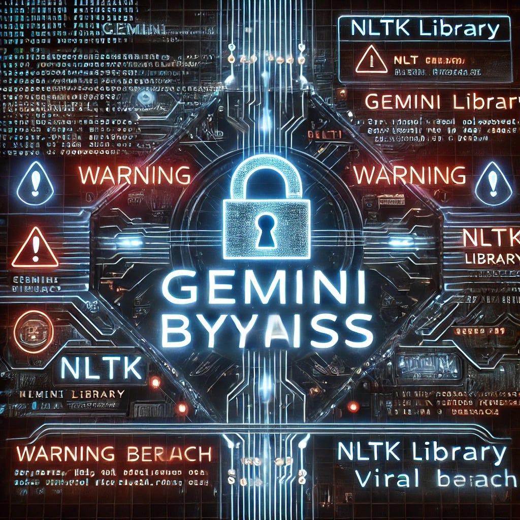 A high-quality, dramatic image showing a futuristic AI interface with the words 'Gemini Bypass' glowing in neon. The interface displays a coding terminal with NLTK library references, surrounded by warning icons and glitch effects, emphasizing the breach and viral appeal.