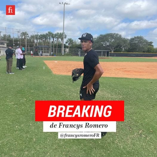 May be an image of 6 people, people batting, people playing softball, pitcher and text that says 'fr .. BREAKING de Francys Romero @francysromeroFR'